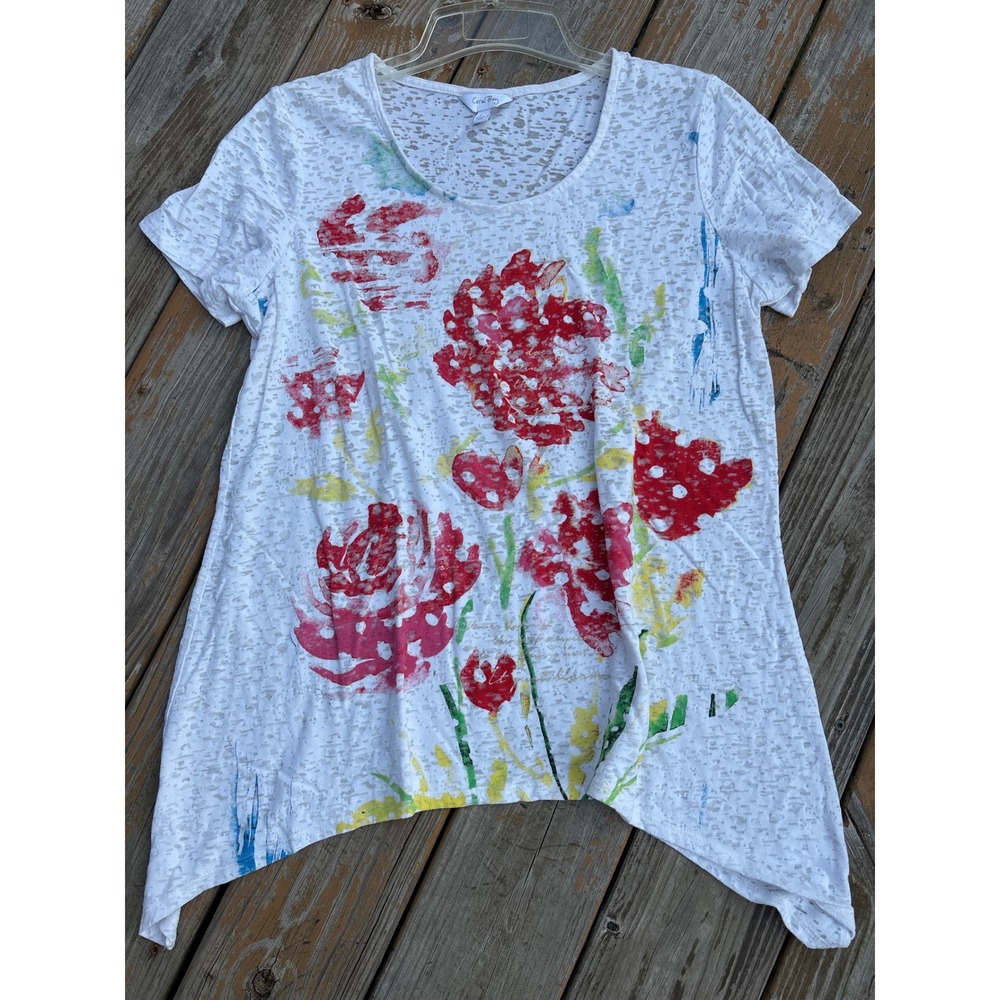 Coral Bay Womens Large White Burnout Floral Graphic Handkerchief Hem T-Shirt